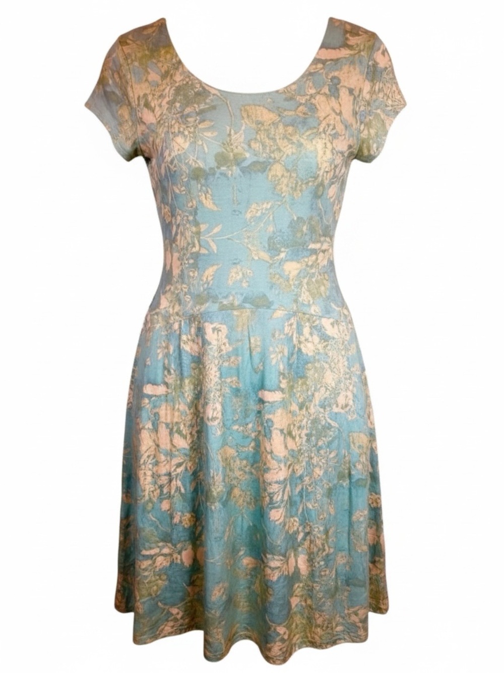 Peruvian Connection White Lotus Aqua Floral Fit & Flare Dress Small Pockets - Picture 3 of 14
